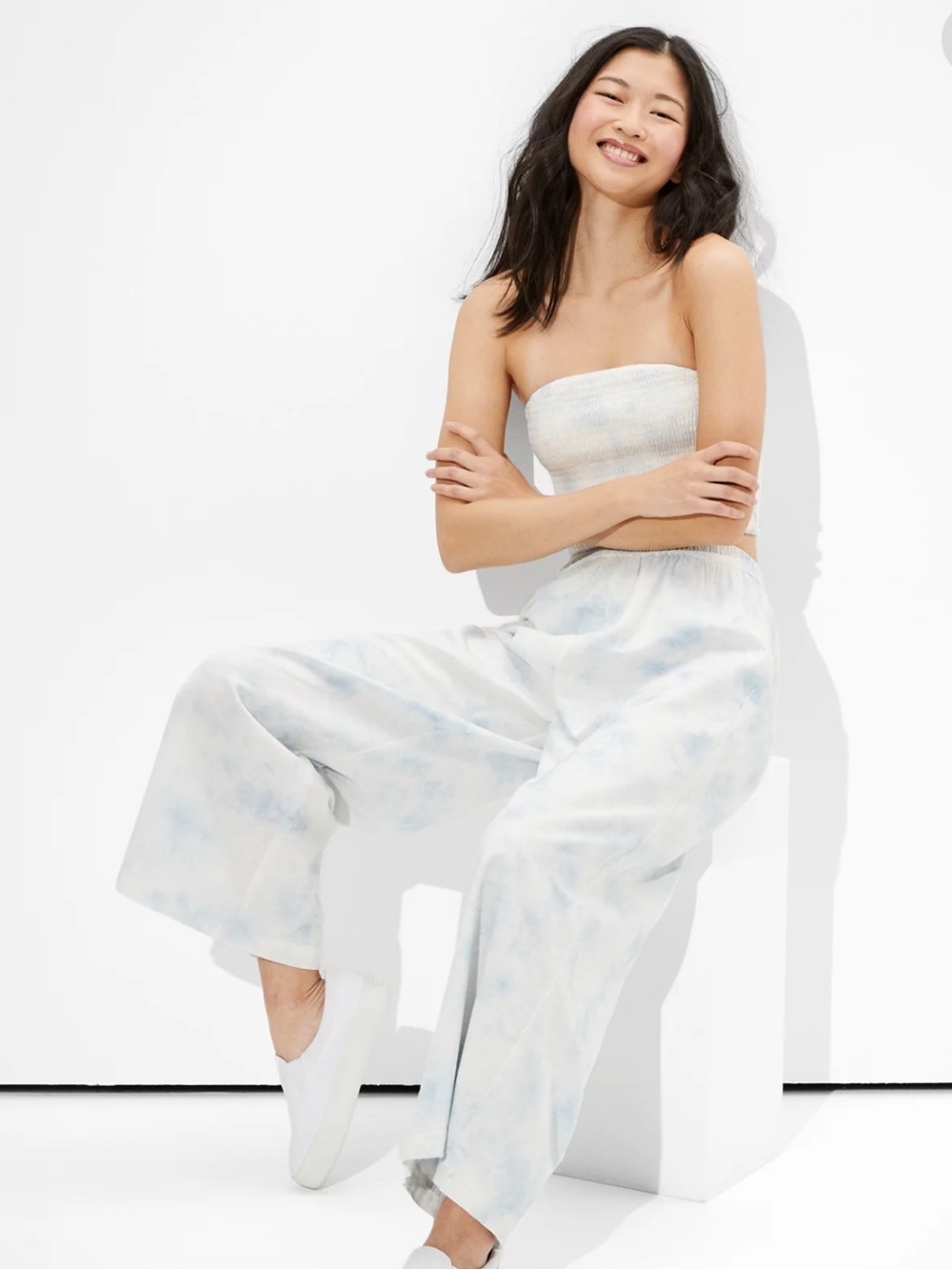 American Eagle Smocked Bandeau Top & Wide-Leg Pants Set - Light Blue Tie-Dye